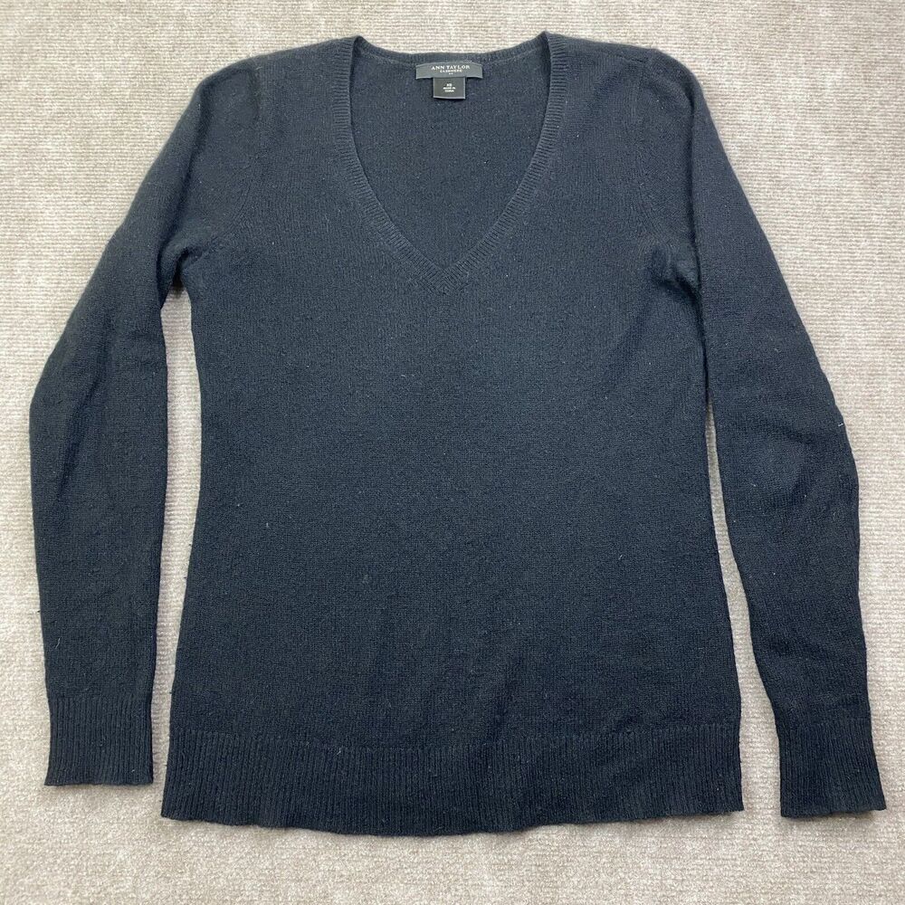 ANN TAYLOR Women’s V-Neck Long Sleeve Black 100% Cashmere Size XS
